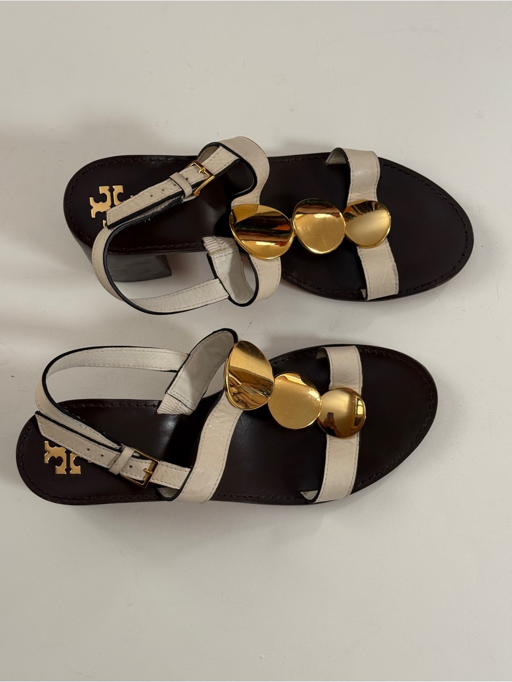 Tory Burch White Leather Sandals with Gold Disc Detail